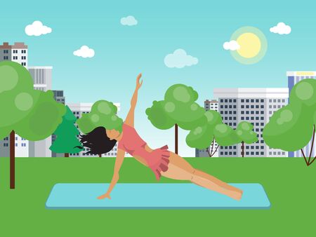Beautiful girl doing yoga asanas outdoor against the background of the city. Fitness and health lifestyle vector illustration.のイラスト素材