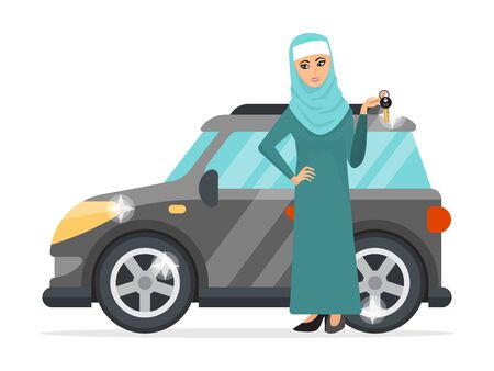 Muslim woman holding car key vector illustration. Muslim girl in traditional clothes hold keys from new automobile.のイラスト素材
