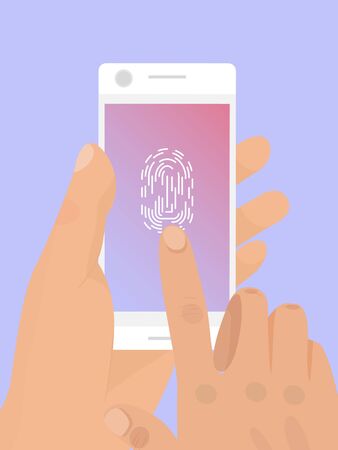 Man hand unlock mobile phone by fingerprint. Person scans finger print on his smartphone vector illustration.のイラスト素材