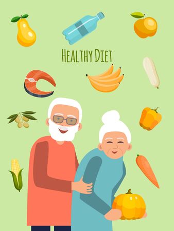 Elderly couple with vegetables vector illustration. Healthy diet for mature concept. Health lifestyle for olds.のイラスト素材
