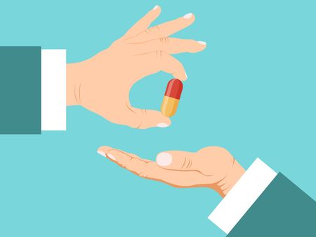 Doctor hand giving pills to patient vector illustration. Pharmacist hands gives tablets patient. Taking pill and treatment concept.のイラスト素材