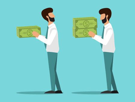 Business concept of different salary for workers vector illustration. Two cartoon managers with differing salaries. Unequal workers, wages business management, pay competitionのイラスト素材
