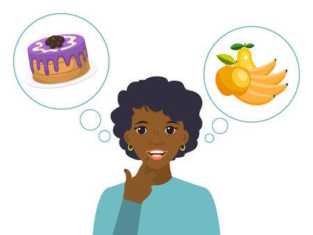 Woman choose between unhealthy and healthy food vector illustration. Healthy nutrition food in female diet concept. Girl choosing between dessert and fruitsのイラスト素材