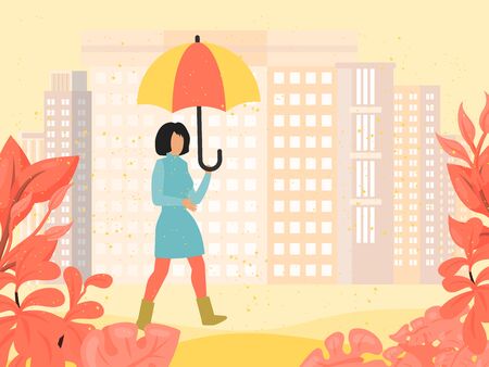 Autumn foliage park girl with umbrella vector illustration. Woman outdoor in fall garden under umbrella. Female walking in the fallen rain in coat. Hello autumn conceptのイラスト素材