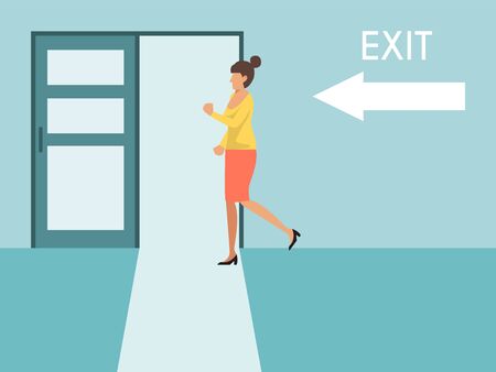 Woman running to exit vector illustration. Business woman runs exit door sign vector illustration. Girl escapes from the office work in hurry to emergency open wayのイラスト素材