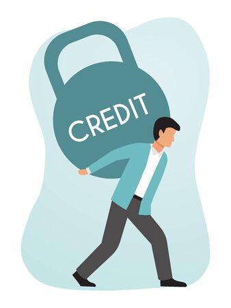 Businessman carrying heavy weight of financial credit. Men holding burden of credits debt. Boy carries a huge loan weight. Debtor carry finance credit vector illustrationのイラスト素材