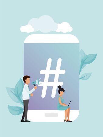 People and big hashtag in phone vector illustration. Hashtagging in smartphone and students. Concept of social media hashtagsのイラスト素材