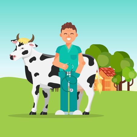 Doctor veterinary and cow vector illustration. Farm animals cows medicine doctoral. Agricultures veterinarian care.のイラスト素材