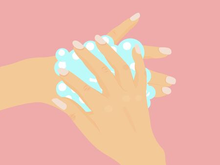 Washing hands with soap and bubbles vector illustration. Soaps foam on palm. Cleaning hand, health care and hygieneのイラスト素材
