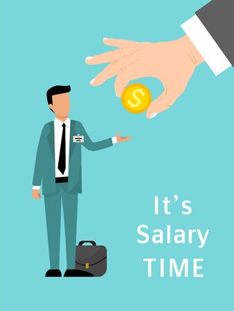 Salary time concept. Hand gives money to salaried worker vector illustration. Businessman standing and reaching out hand for coin.のイラスト素材