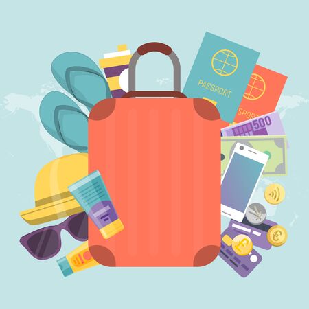 Summer travel bag with stuff for journey vector illustration. Suitcase for trip, journey luggage. Summertime travelling case packed to vacation.のイラスト素材