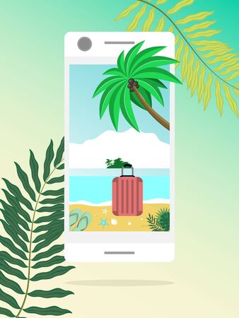 Open way to sea nature through mobile devices. Summer door concept. Summer beach landscape in smartphone. Online booking summer vacations and holidaysのイラスト素材