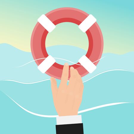 Preserver rescue businessman with lifebuoy. Drowning man in water gets a life buoy. Helping business to survive vector illustration. Business emergency help, support, survival, investment concept.のイラスト素材