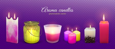 Candle aroma flaming realistic vector illustration. Wax aromatic candles set for spa relax therapy, romantic dates and religion holidays isolated on transparent violet background.のイラスト素材