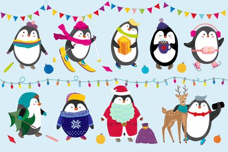 Penguins celebrate Christmas vector illustration happy funny animal characters in winter and New Year costumeのイラスト素材