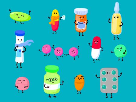 Medicine cute cartoon characters vector illustration. Smiling funny medical items for medication and prevention disease.のイラスト素材