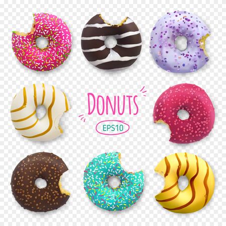 Bitten donuts vector illustration bakery sweet pastry food dessert with holes and toppings collection.のイラスト素材