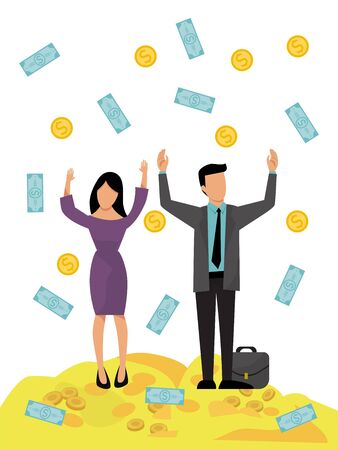 Rich business couple money rain vector illustration. Man and woman financial success. Happy successful businessmen money shower. Business people stand on golden coins under the falling dollars.のイラスト素材