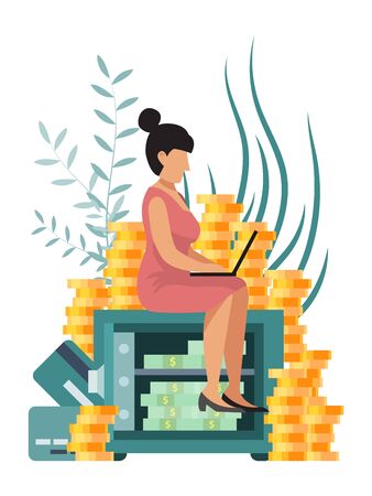 Successfully business woman sitting on the safe with money and working on laptop. Business girl sits on safe and works. Female freelance programmer or bloggerのイラスト素材