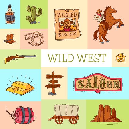 Wild west cowboy elements banner with place for text. Western colorful cowboy, hat, boots and horseshoe posterのイラスト素材