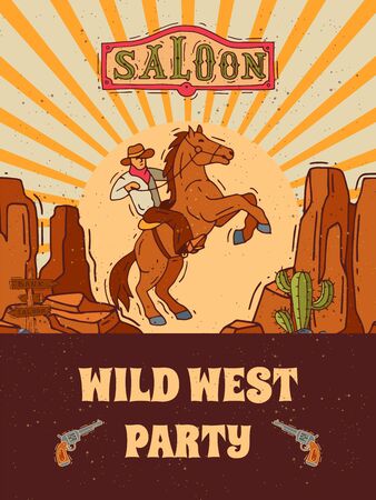 Wild west invite party template vector illustration. Vintage western poster and cowboy party flyer or invitation templatesのイラスト素材