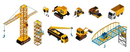 Building machines in isometric style, set of isolated vehicles, vector illustrationのイラスト素材
