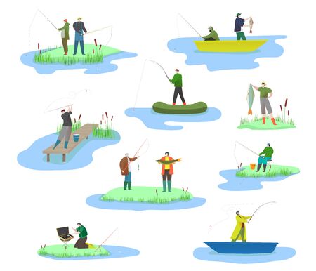 Fisherman in boat on river, people with spinning rod catching fish in lake water, vector illustrationのイラスト素材