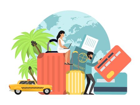 Travel things set concept vector illustration. Passport, ticket and cards for success trip. Luggage and taxi cab for happy journeyのイラスト素材