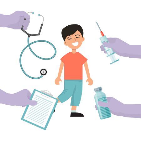 Children vaccination concept. Medical immunization with vaccine for child vector illustration. Happy healthy boy vaccinated by injectionのイラスト素材