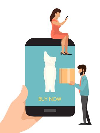 Buying dress online concept. Woman buys clothes on line by phone application. Man and woman buy things in the online store. E-commerce, customer on the sale choosing dresses. Internet marketingのイラスト素材