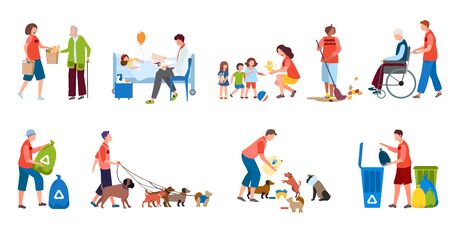 Volunteer helping people and animals, social service cartoon character, vector illustrationのイラスト素材
