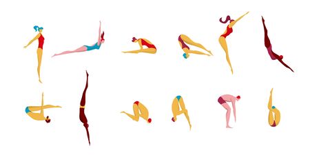 Dive sport jump, swimmers isolated on white, active people in different poses, vector illustrationのイラスト素材