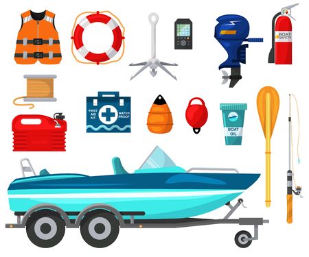 Motorboat equip vector illustration for outdoor water activity.Boat with motor and equipment for fishing leisure isolatedのイラスト素材