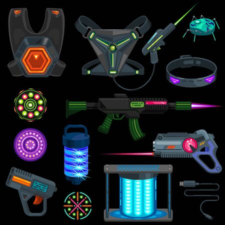 Laser tag game equipment flat collection. Vector illustration of Illuminated VR computer gamer sport playing tech for lasertag.のイラスト素材