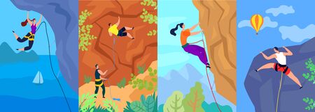 Climbing vector illustration, climber climbs up the mountain. Extreme adventure active outdoor sport. Posters set strong brave male female cartoon people characters on rock with rope. Mountaineeringのイラスト素材