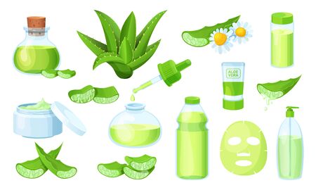 Nature aloe vera medicinal pharmacy, cosmetic plant leaves, fresh juice on natural herbal vector illustration isolated on white.のイラスト素材