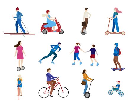 Young people riding scooter, skates on sport transport outdoor character healthy cartoon vector illustration isolated on white.のイラスト素材