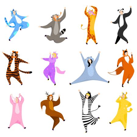 Man, women dressed in pajamas, kigurumi on hand drawn vector animal dress illustration isolated on white.のイラスト素材