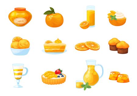 Citrus dessert with jam, pancake, cupcake, juice vector citrous illustration isolated on white. Set with fresh drinks, pie, pudding, jelly, cake with cream. whole citrus, half, slice pieces. のイラスト素材