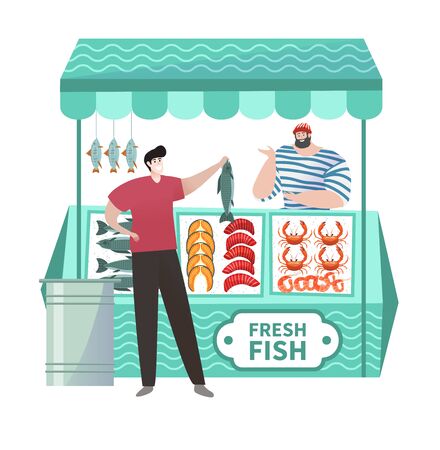Buyer in fresh ocean fish shop buying freshness ocean organic food in fishmarket isolated on white, vector illustration.のイラスト素材