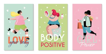 Love your body and girls power concept, vector illustration. Plus size women in different life situations with smile on faceのイラスト素材