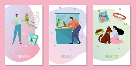 Pet card concept, vector illustration. Male and female characters with favourite animals can be used for postcardsのイラスト素材