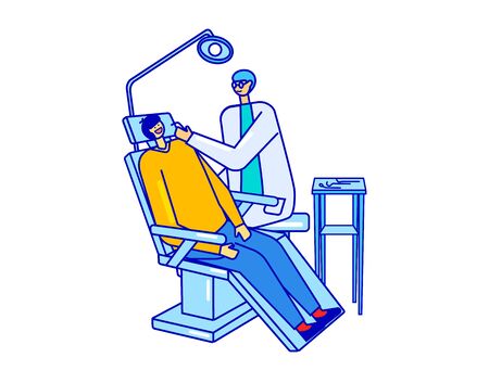 Dentist and patient who sitting on chair in dentistry, hospital isolated on white vector illustration of a flat design. Tooth examination and treatment. Healthcare background, medical examination of teeth.のイラスト素材