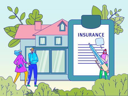 Property insurance concept, people buying new house and signing contract with agent, vector illustrationのイラスト素材