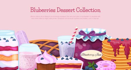 Poster of sweet blueberry dessert collection icon. Banner concept berry dessert. Blueberry smoothie, yogurt, lemonade, ice cream, muffin, cupcake, smoothie and jam. Cartoon style. Vector illustration.のイラスト素材