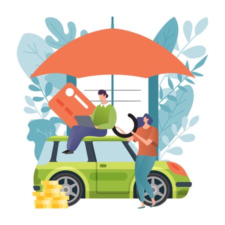 Car insurance vector illustration. Auto vehicle accident protection business infographic concept, safe care service to help repair automobile after crash, flat cartoon agent characters with umbrellaのイラスト素材
