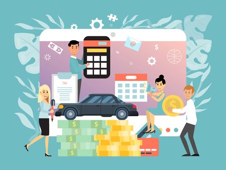 Car tax vector illustration. auto vehicle buy taxation, debt cost in dollar money cash or loan, financial economy balance concept. Flat cartoon tiny people with tax document, reminder, calculatorのイラスト素材