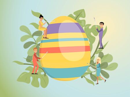 Easter concept vector illustration. Cartoon flat tiny happy people decorating Easter eggs, funny man woman character have fun together, preparing decoration for holiday. Cute spring backgroundのイラスト素材