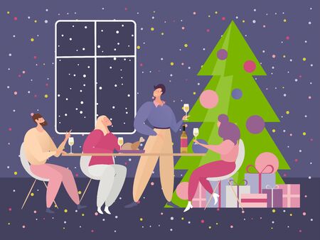 Christmas party vector illustration. Cartoon happy flat people sitting at table for festive dinner, man woman adult friends character have fun on Christmas celebration, celebrate New Year holidayのイラスト素材