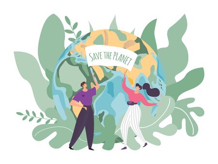 Earth care vector illustration. Flat tiny cartoon people, volunteer characters with banner save planet in environment, ecology, world nature protection. Eco globe conservation icon isolated on whiteのイラスト素材